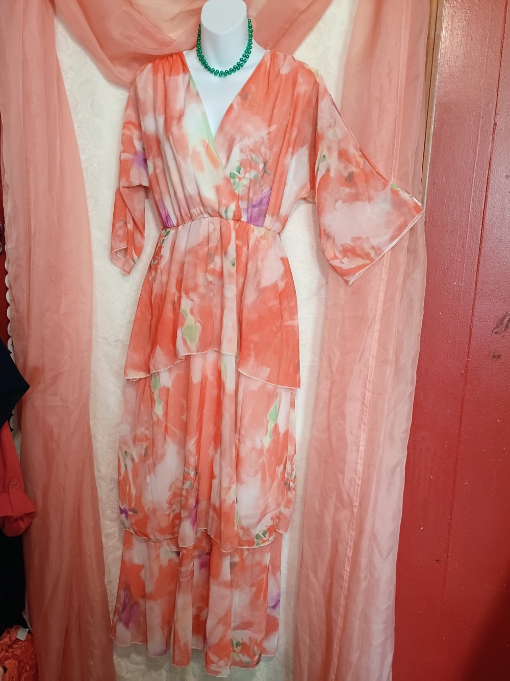 Ladies Lightweight Coral Chiffon Watercolor Tiered Maxi Dress Sz Sm